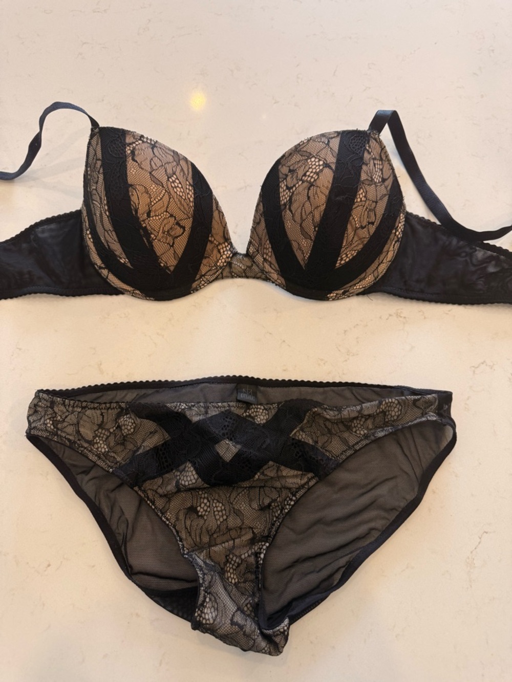 Adonna Black Lace Push-Up Bra (36c) and Bikini Set (m) with Nude Underlay